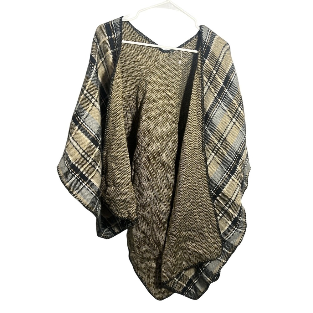 Reversible Plaid Herringbone Poncho Wrap Shawl Cape Tan Black Gray One Size Cozy